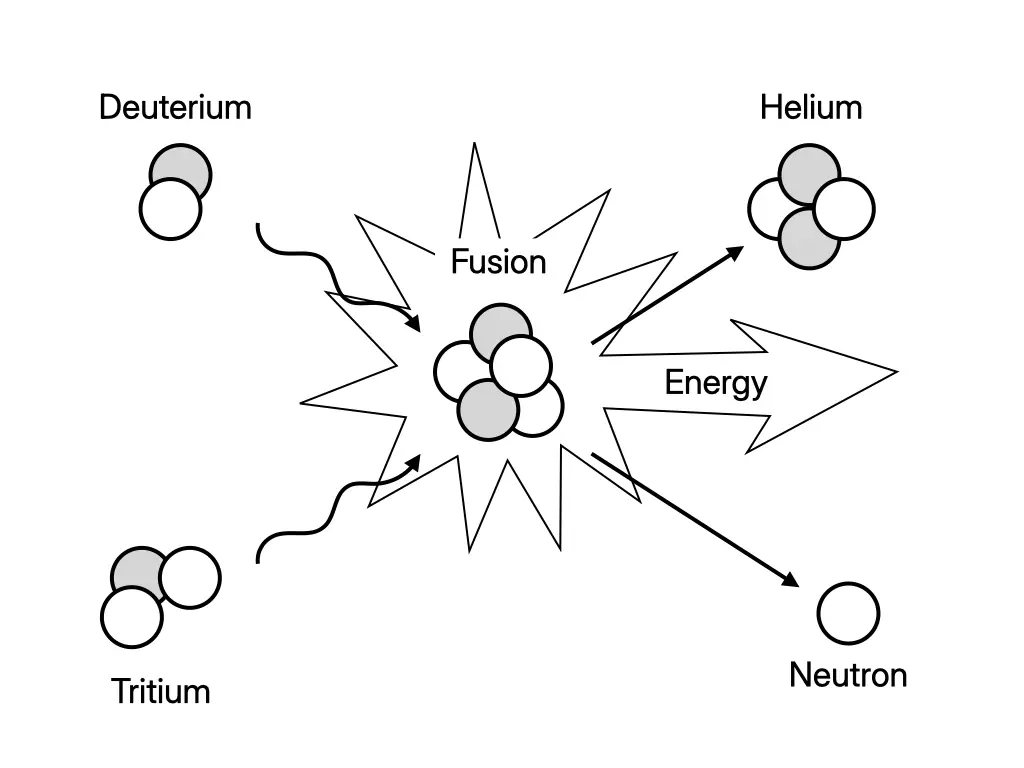 Nuclear fusion diagram showing deuterium and tritium combining to form helium while releasing a neutron and energy