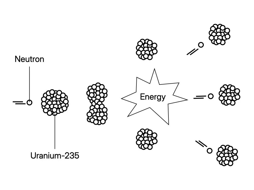 Nuclear fission diagram showing a neutron striking uranium-235, which splits into lighter nuclei and releases energy and more neutrons