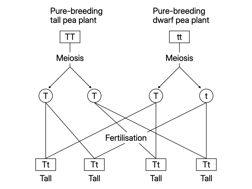 Monohybrid cross between pure-bred tall and dwarf pea plants producing tall plants in the first filial generation